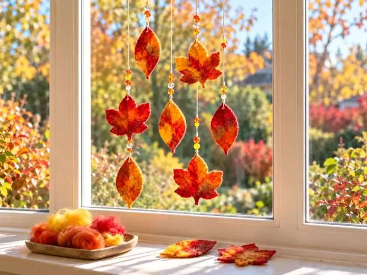 Herbstblätter nassfilzen mit Kindern: Fensterdeko mit Perlen