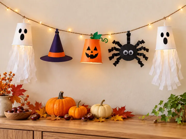 Halloween-Lichterkette basteln: Geister, Kürbisse, Hexenhüte und Spinnen